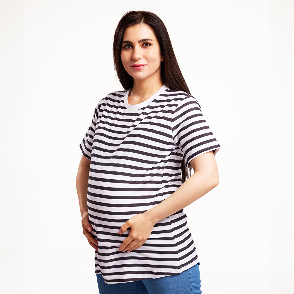 Hamile Tişört Süprem Çizgili Anne Giyim Bisiklet Yaka Kısa Kol Beyaz