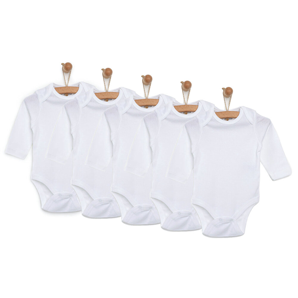 Unisex 5'li Uzun Kollu Body Ribana Kumaş Çıtçıtlı Zıbın Zarf Yaka Uzun Kollu Beyaz