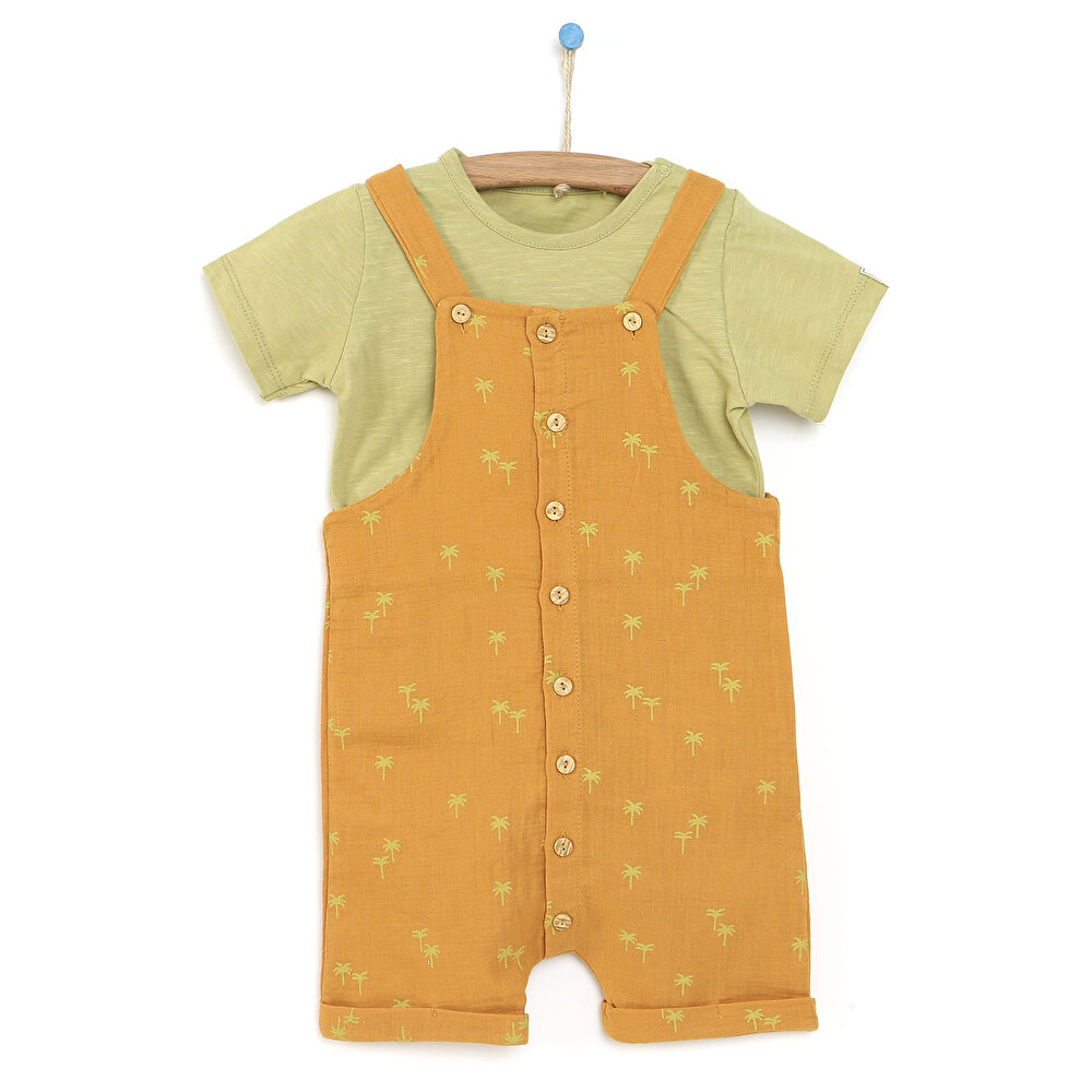 Erkek Bebek Şort Salopet Tişört Set Müslin Kumaş Düğmeli Hello Summer Çıtçıtlı Yaka Kısa Kol Sarı