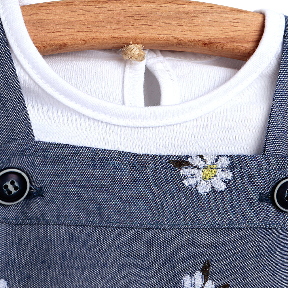Basic Kız Bebek Papatyalı Denim Salopet-Tshirt Takım