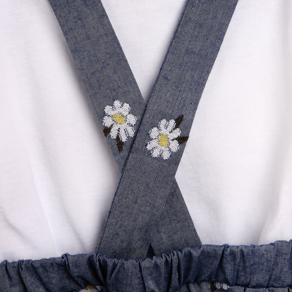 Basic Kız Bebek Papatyalı Denim Salopet-Tshirt Takım