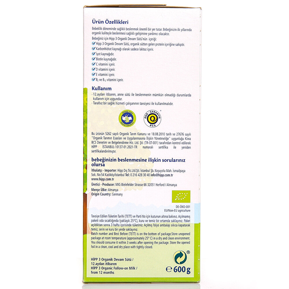 3 Organik Çocuk Devam Sütü 600 gr 1+ Yaş