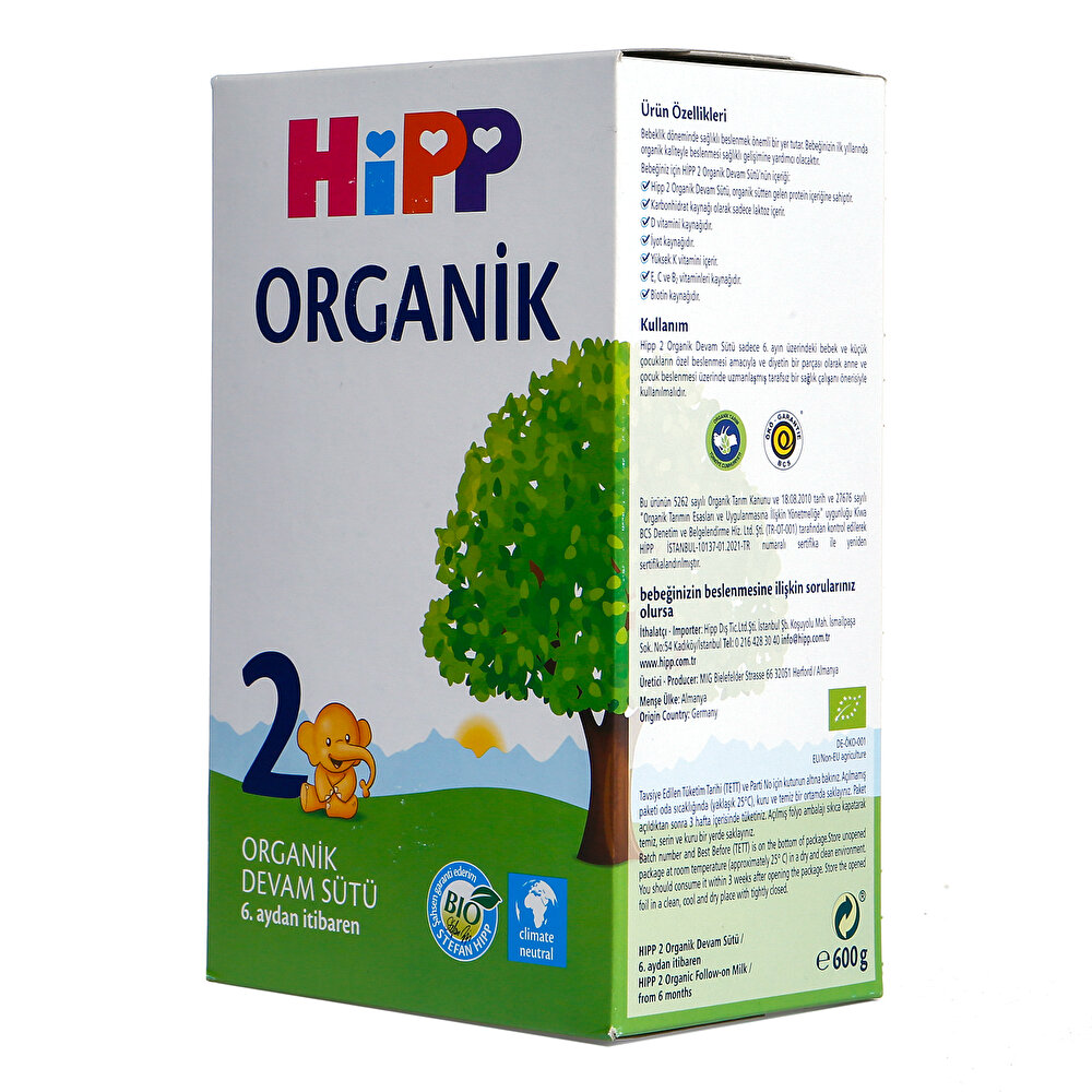 2 Organik Devam Sütü 600 gr 6+ Ay