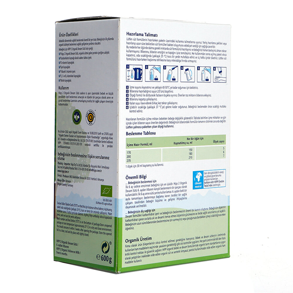 2 Organik Devam Sütü 600 gr 6+ Ay