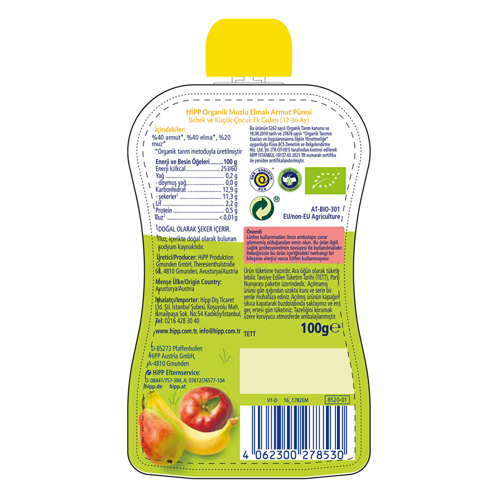 Organik Muzlu Elmalı Armutlu Meyve Püresi 100 gr