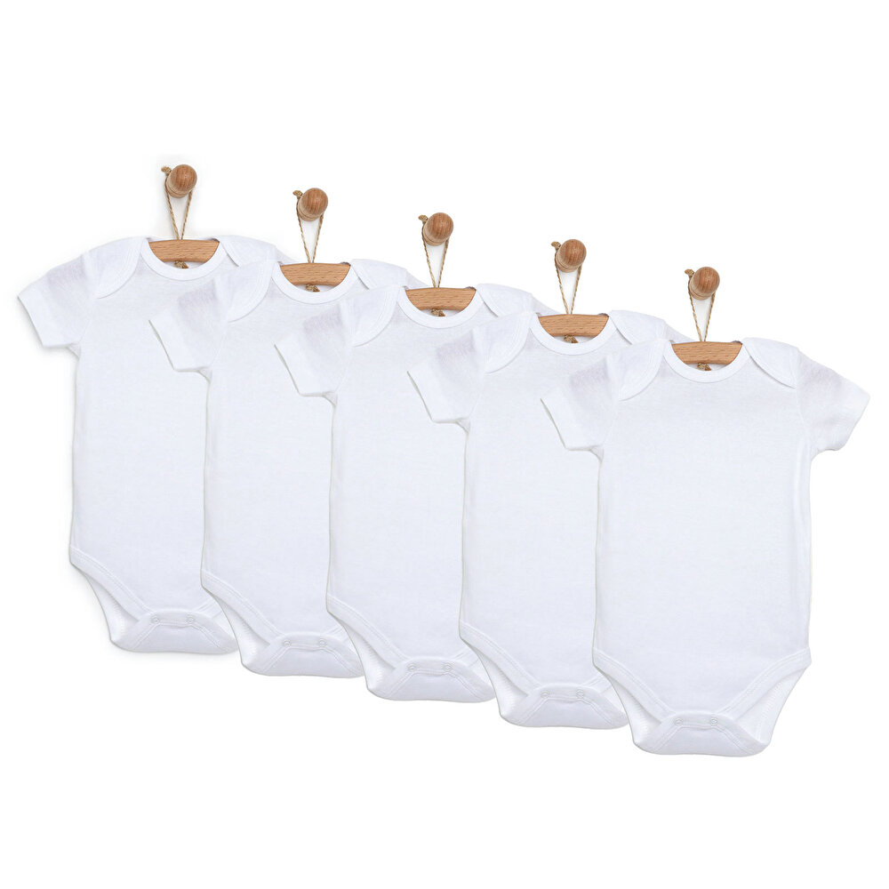 Unisex 5'li Kısa Kol Body Ribana Zıbın Zarf Yaka Kısa Kol Beyaz