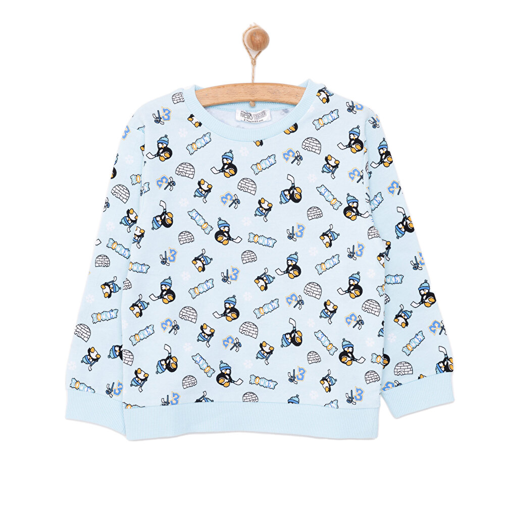 Erkek Bebek Sweatshirt Şardonlu Penguen Desenli Çıtçıtlı Bisiklet Yaka Uzun Kol Desenli