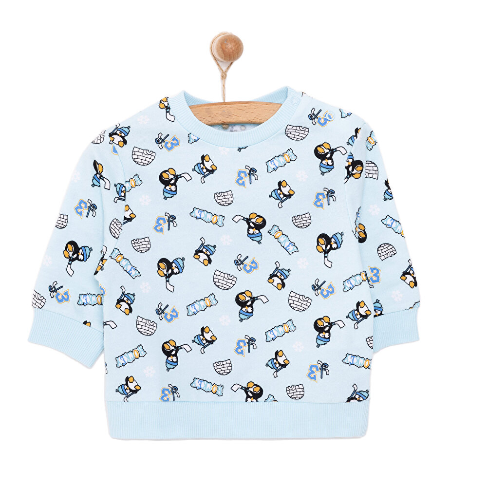 Erkek Bebek Sweatshirt Şardonlu Penguen Desenli Çıtçıtlı Bisiklet Yaka Uzun Kol Desenli