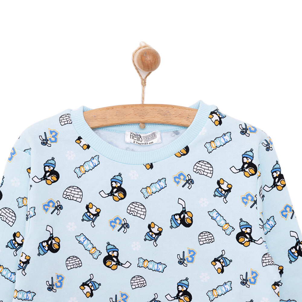 Erkek Bebek Sweatshirt Şardonlu Penguen Desenli Çıtçıtlı Bisiklet Yaka Uzun Kol Desenli