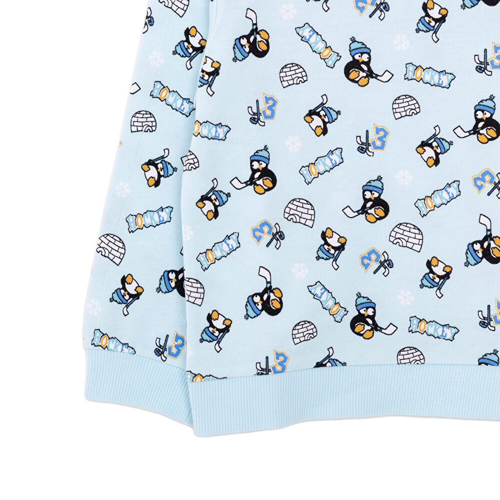 Erkek Bebek Sweatshirt Şardonlu Penguen Desenli Çıtçıtlı Bisiklet Yaka Uzun Kol Desenli