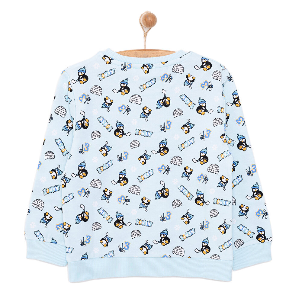 Erkek Bebek Sweatshirt Şardonlu Penguen Desenli Çıtçıtlı Bisiklet Yaka Uzun Kol Desenli
