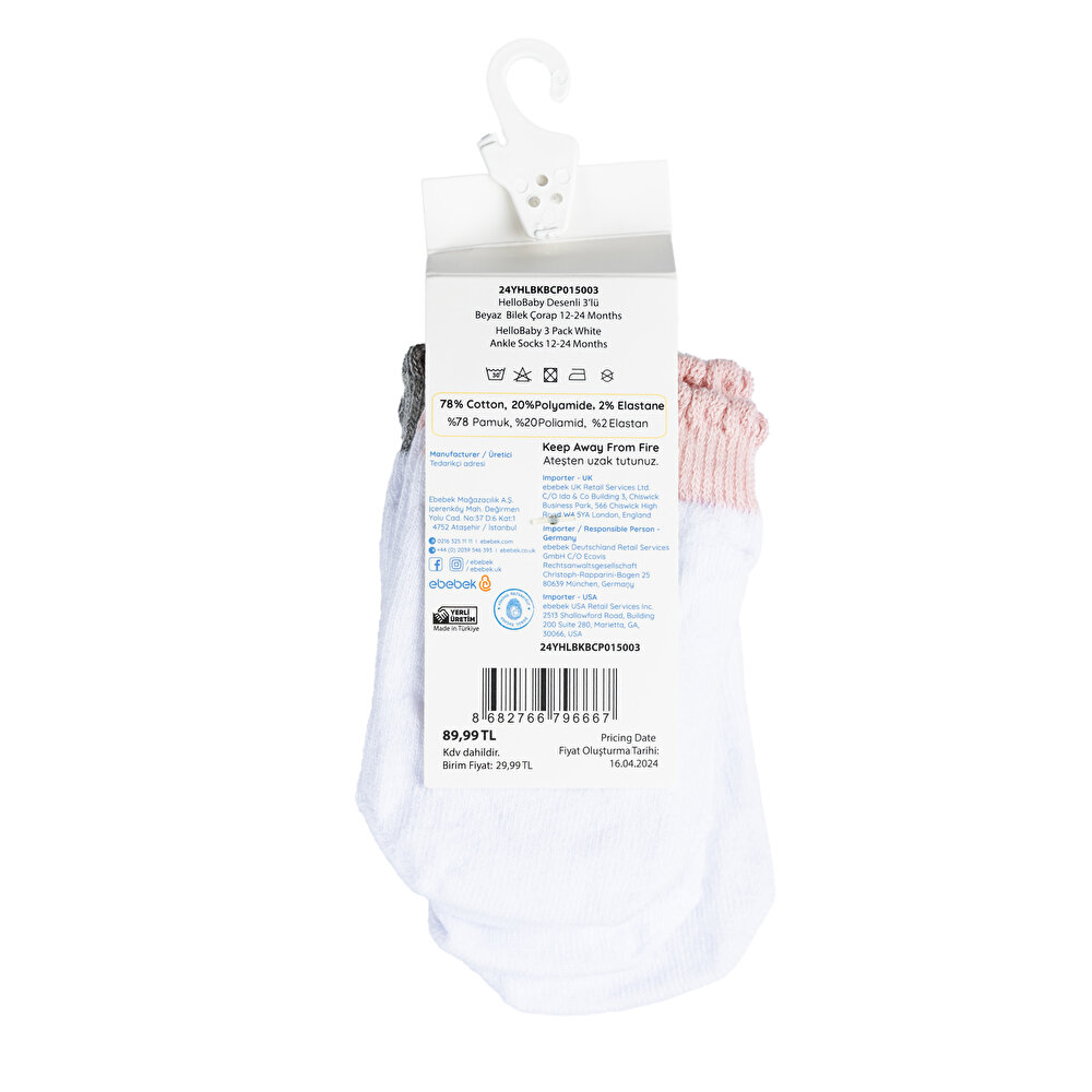 Kalp Desenli Kız 3'lü Bilek Çorap Kız Bebek