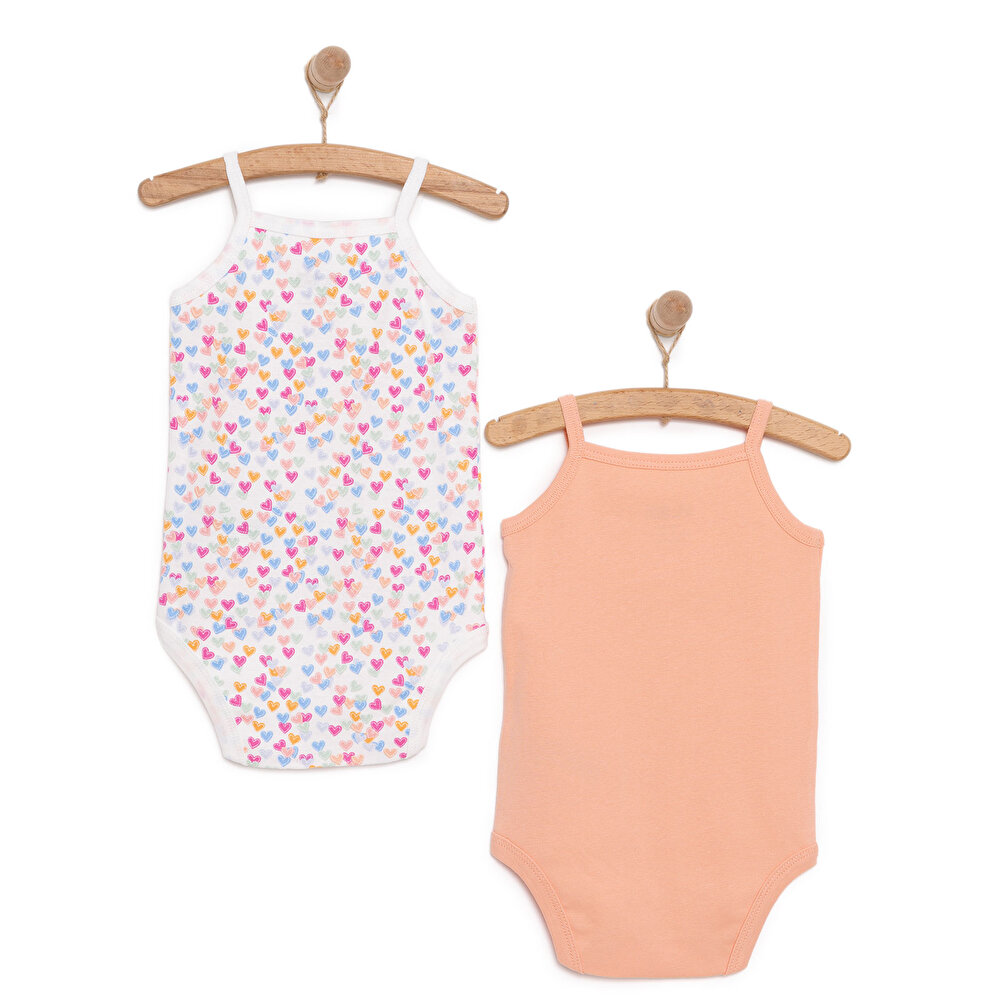 Kalp ve Bulut Desenli 2'li Çıtçıtlı İp Askılı Body Pembe