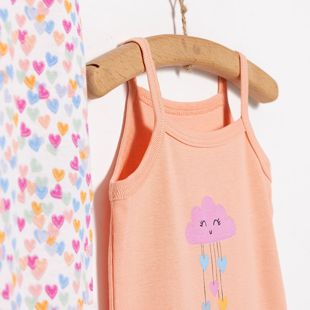 Kalp ve Bulut Desenli 2'li Çıtçıtlı İp Askılı Body Pembe