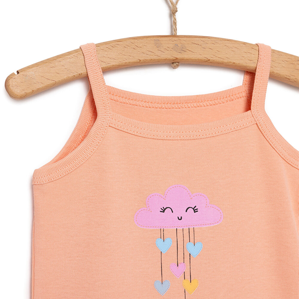 Kalp ve Bulut Desenli 2'li Çıtçıtlı İp Askılı Body Pembe