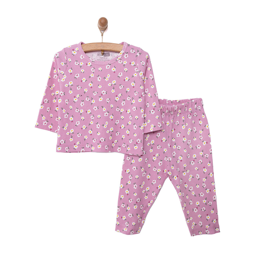 Kız Bebek Pijama Takım Kaşkorse Çıtır Çiçek Bisiklet Yaka Uzun Kol Pembe