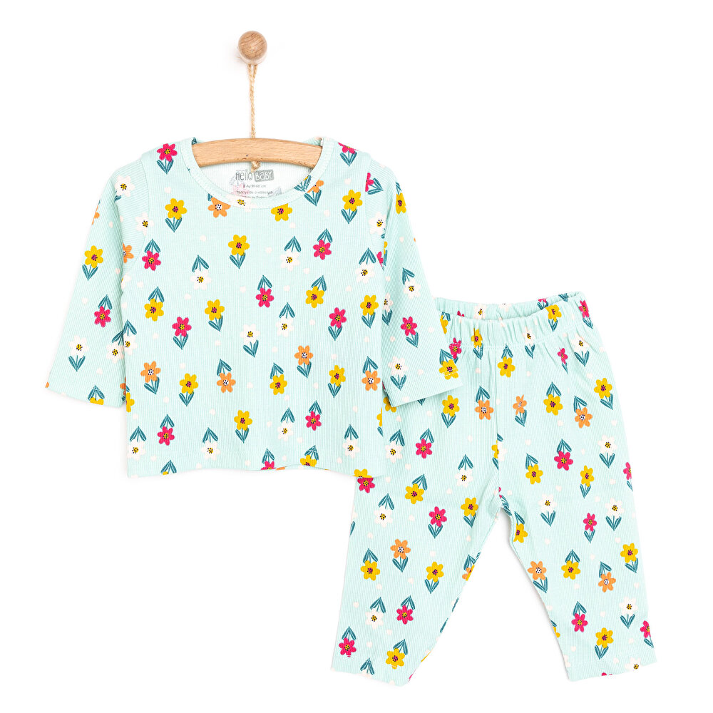 Kız Bebek Pijama Takım Kaşkorse Çiçek Desenli Bisiklet Yaka Uzun Kollu Mint