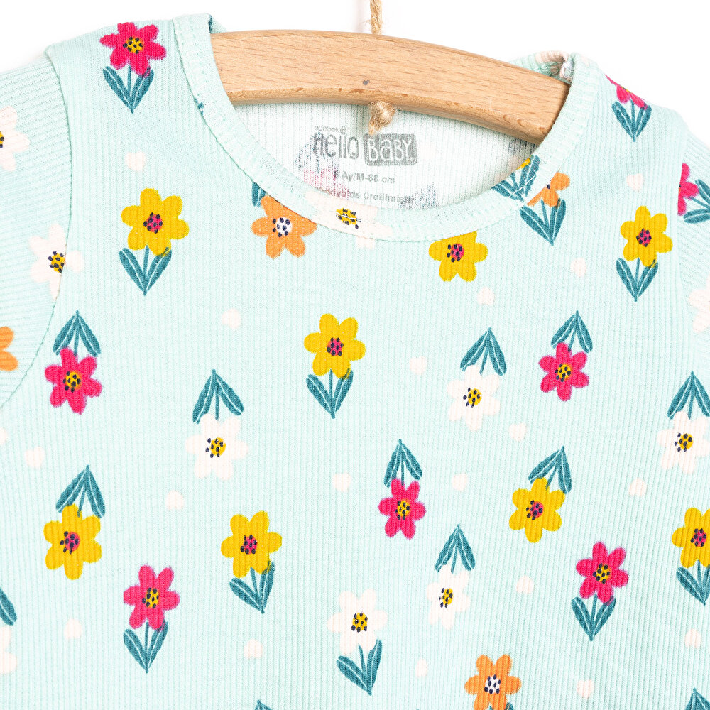 Kız Bebek Pijama Takım Kaşkorse Çiçek Desenli Bisiklet Yaka Uzun Kollu Mint