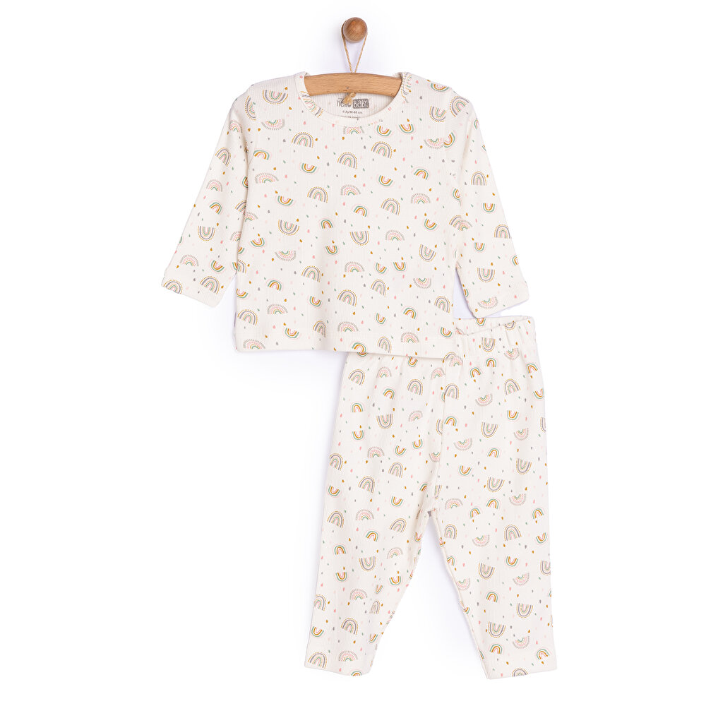Kız Bebek Pijama Takım Kaşkorse Gökkuşağı Bisiklet Yaka Uzun Kol Ekru