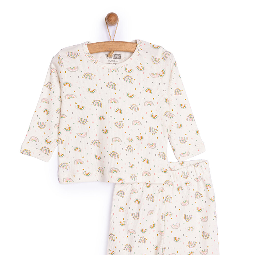 Kız Bebek Pijama Takım Kaşkorse Gökkuşağı Bisiklet Yaka Uzun Kol Ekru