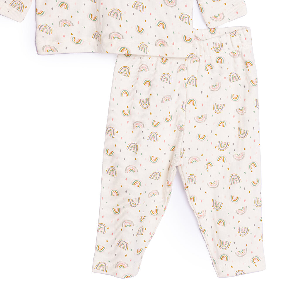 Kız Bebek Pijama Takım Kaşkorse Gökkuşağı Bisiklet Yaka Uzun Kol Ekru