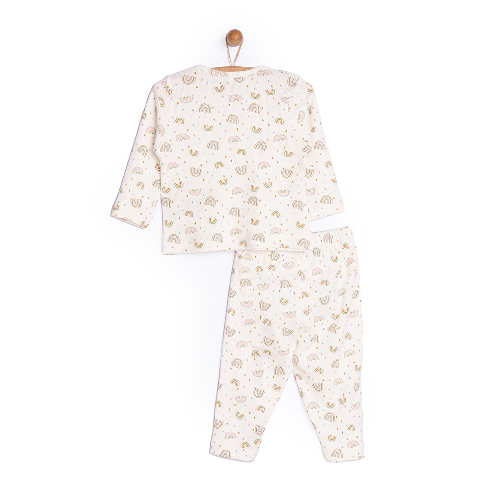Kız Bebek Pijama Takım Kaşkorse Gökkuşağı Bisiklet Yaka Uzun Kol Ekru