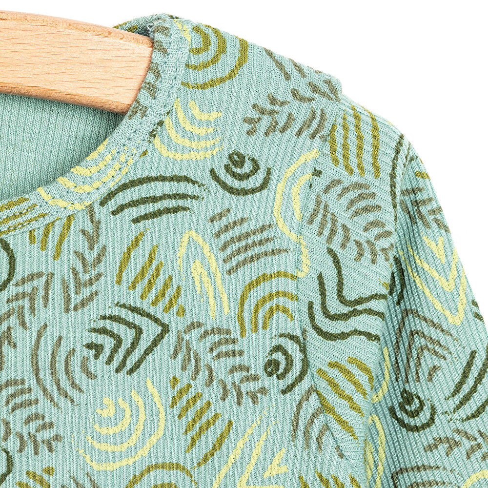 Erkek Bebek Pijama Takım Kaşkorse Karışık Desenli Bisiklet Yaka Uzun Kol Koyu Yeşil