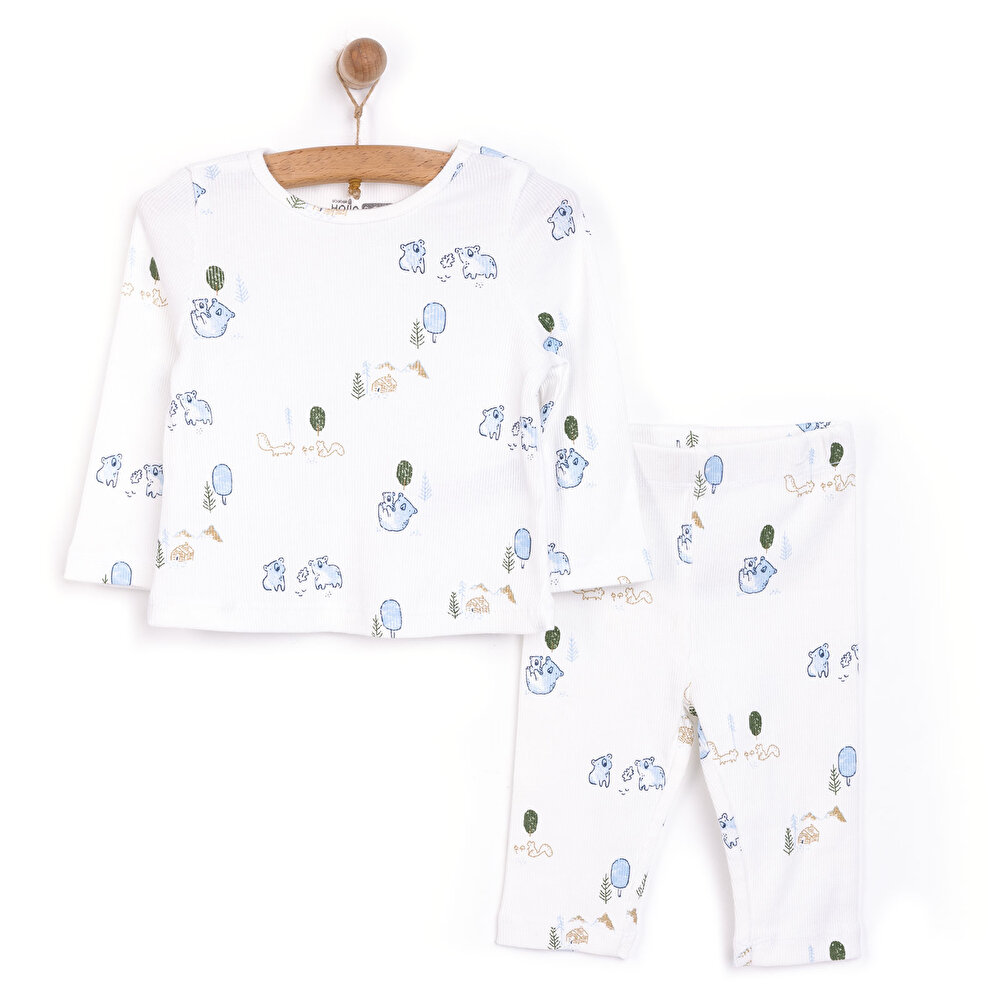 Erkek Bebek Pijama Takım Kaşkorse Koola Desen Bisiklet Yaka Uzun Kol Ekru