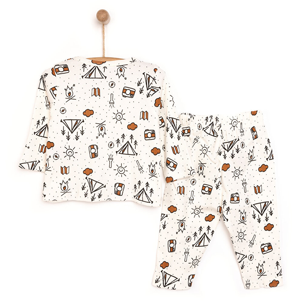 Erkek Bebek Pijama Takım Kaşkorse Kamp Desenli Bisiklet Yaka Uzun Kol Ekru