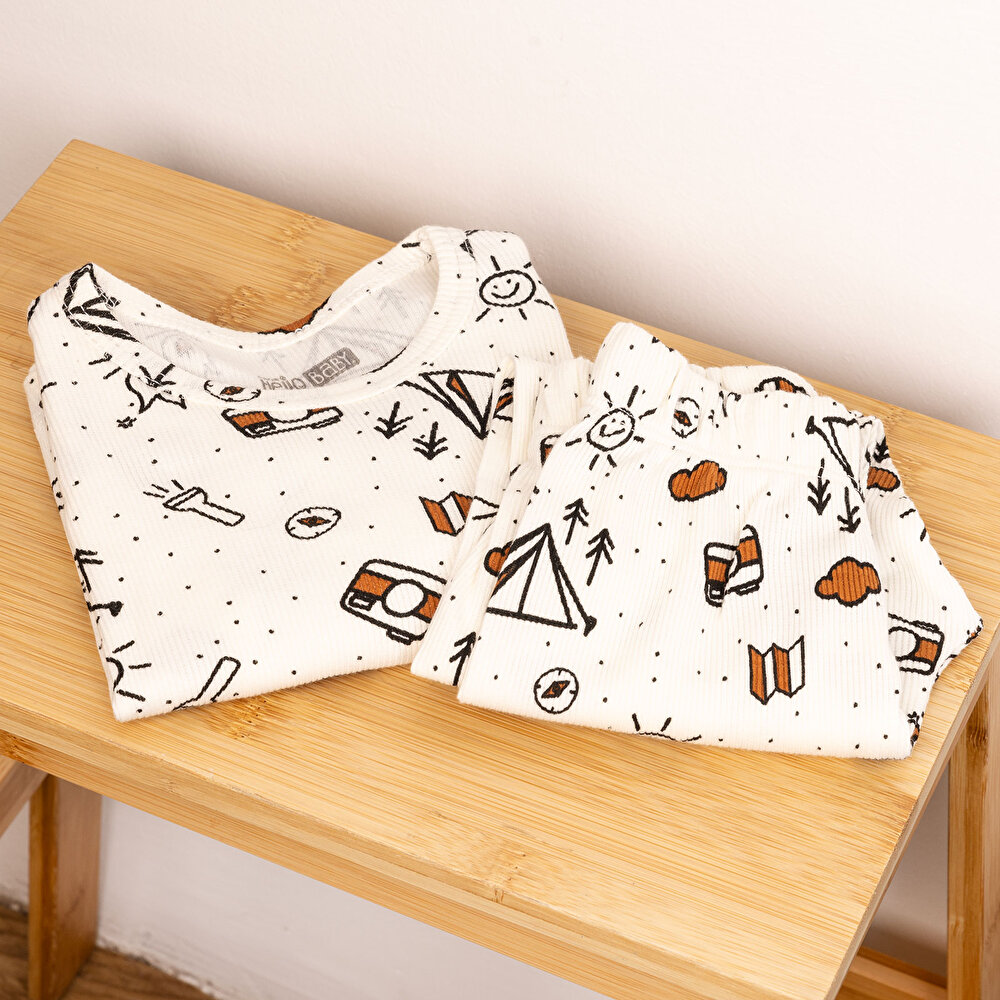 Erkek Bebek Pijama Takım Kaşkorse Kamp Desenli Bisiklet Yaka Uzun Kol Ekru