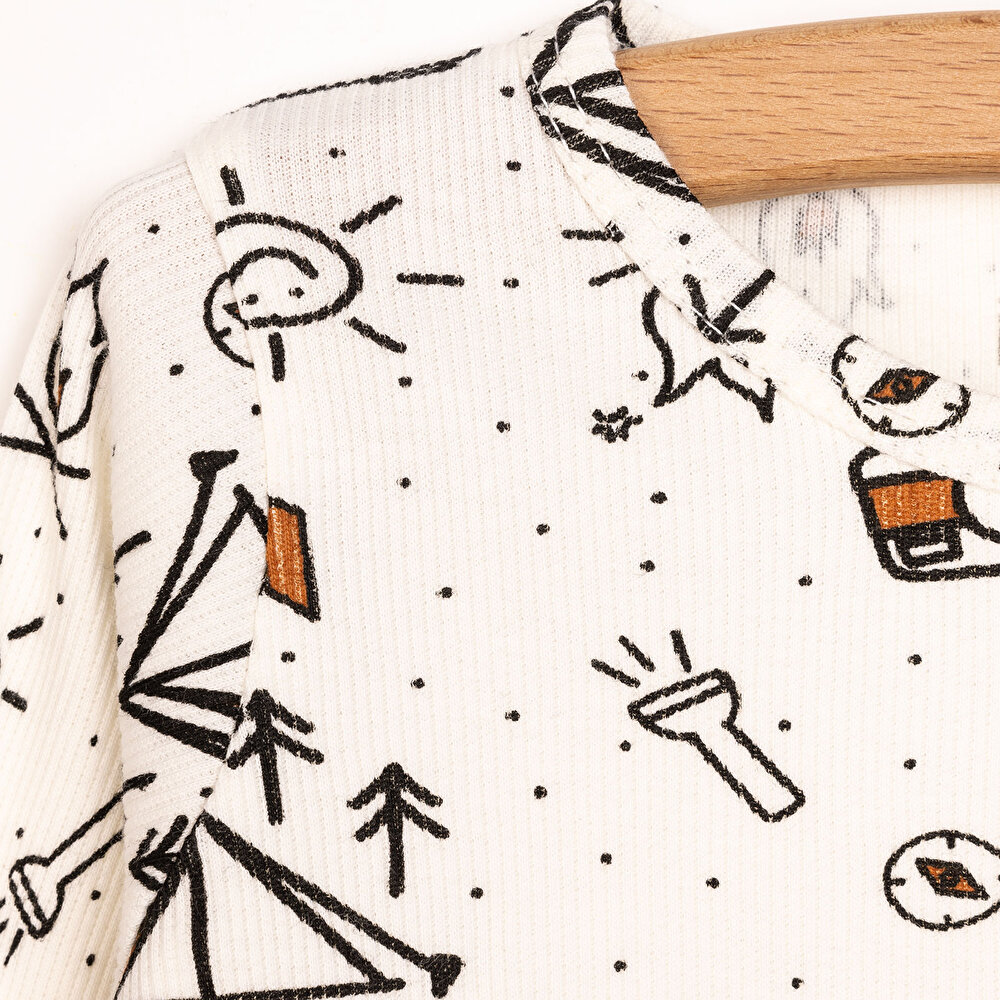 Erkek Bebek Pijama Takım Kaşkorse Kamp Desenli Bisiklet Yaka Uzun Kol Ekru