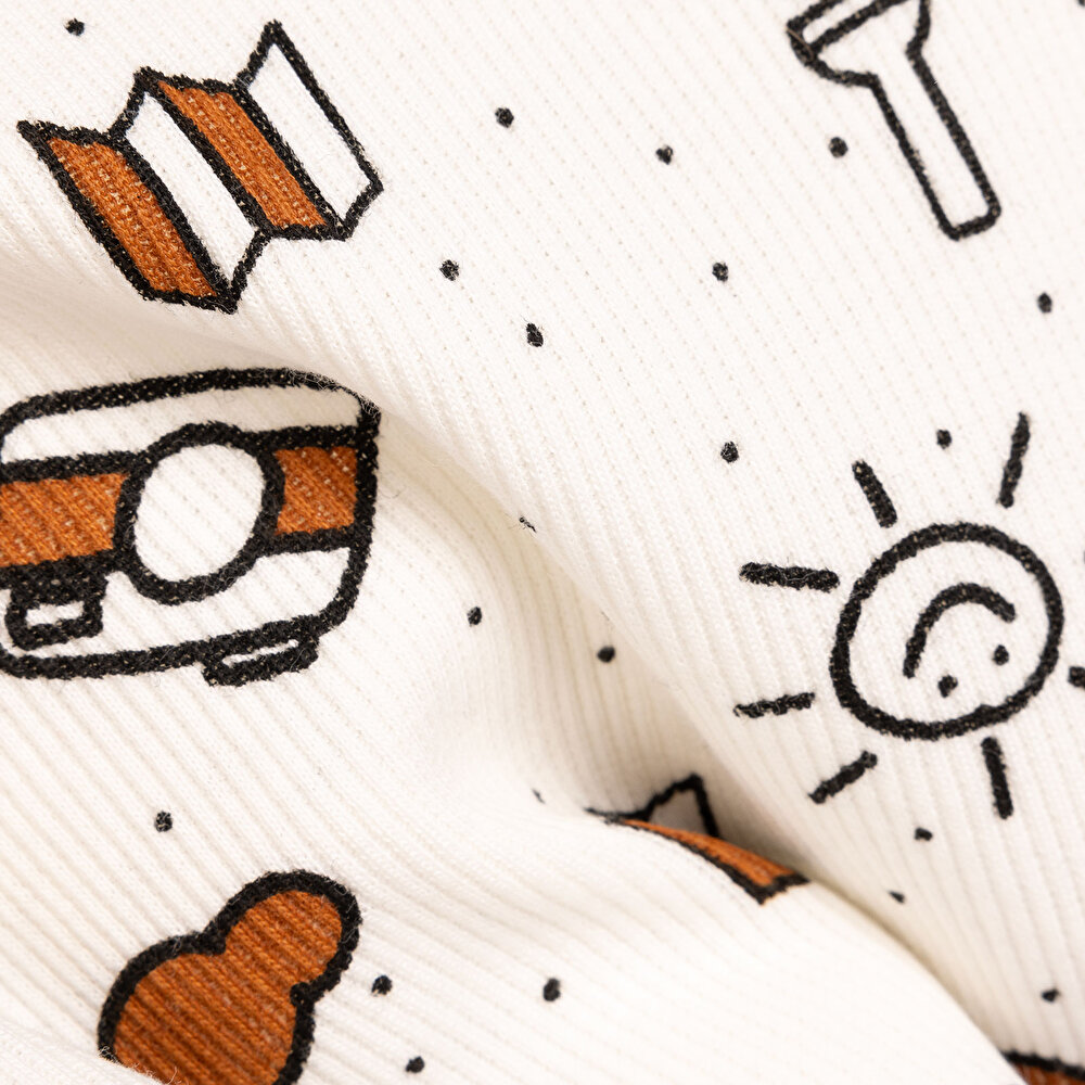 Erkek Bebek Pijama Takım Kaşkorse Kamp Desenli Bisiklet Yaka Uzun Kol Ekru