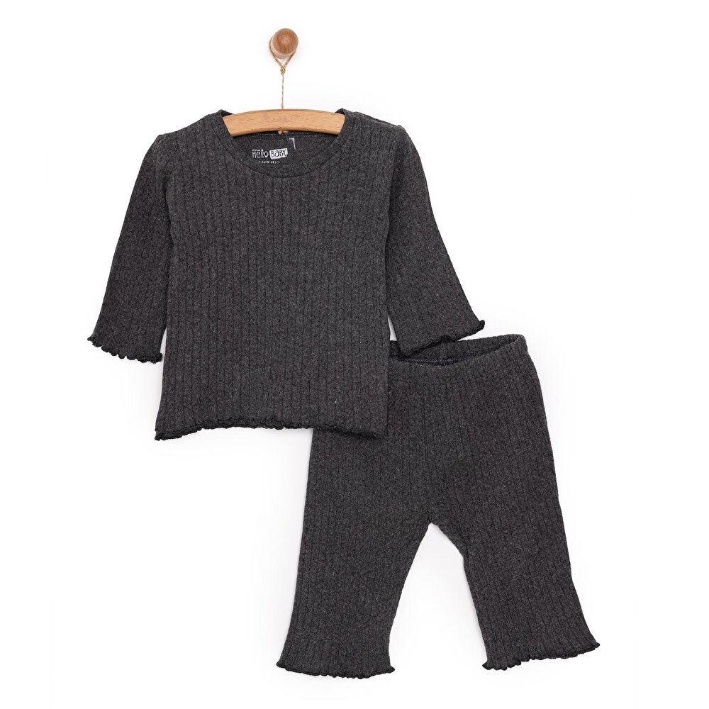 Kız Bebek Pijama Takım Kaşkorse Bisiklet Yaka Uzun Kol Koyu Gri