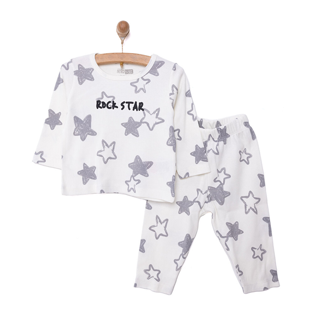 Erkek Bebek Pijama Takım Kaşkorse Yıldız Desen Bisiklet Yaka Uzun Kol Ekru