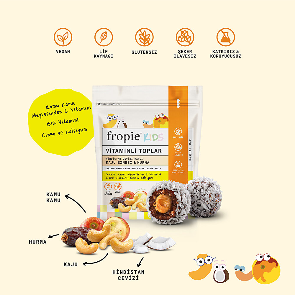 Kids Hindistan Cevizi Kaplı Kaju Ezmeli & Hurmalı Vitaminli Toplar 80 gr