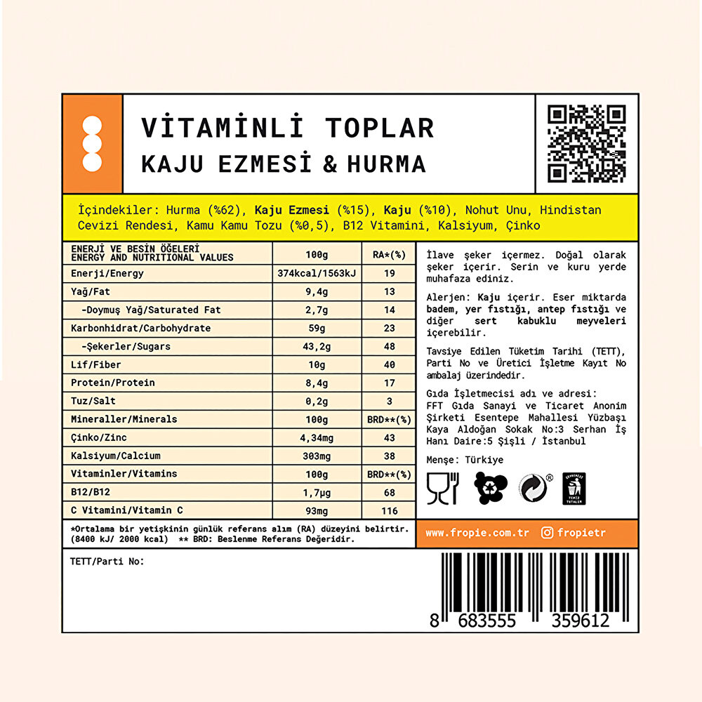 Kids Hindistan Cevizi Kaplı Kaju Ezmeli & Hurmalı Vitaminli Toplar 80 gr