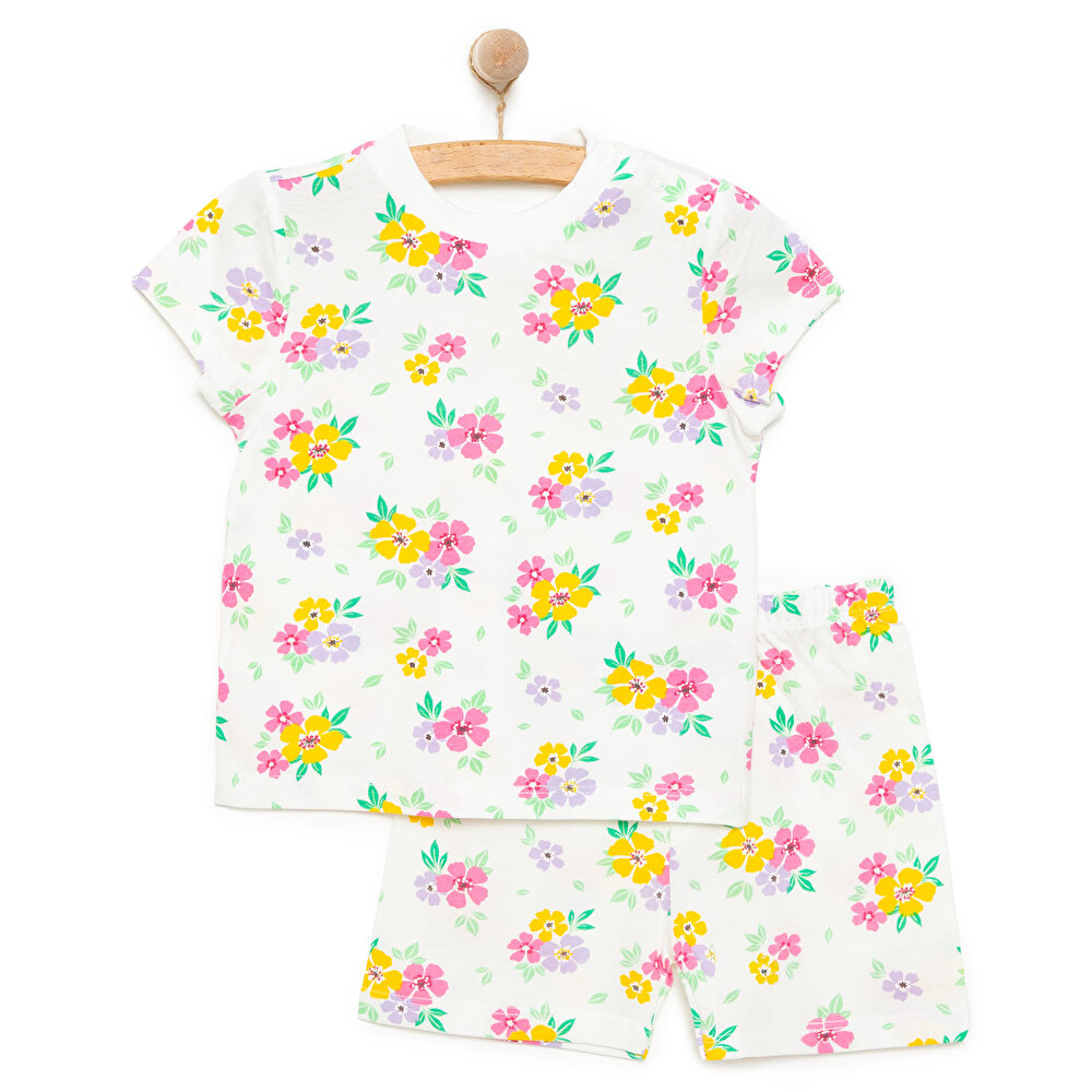 Kısa Kol Çiçek Desenli Bisiklet Yaka Pijama Takımı Kız Bebek