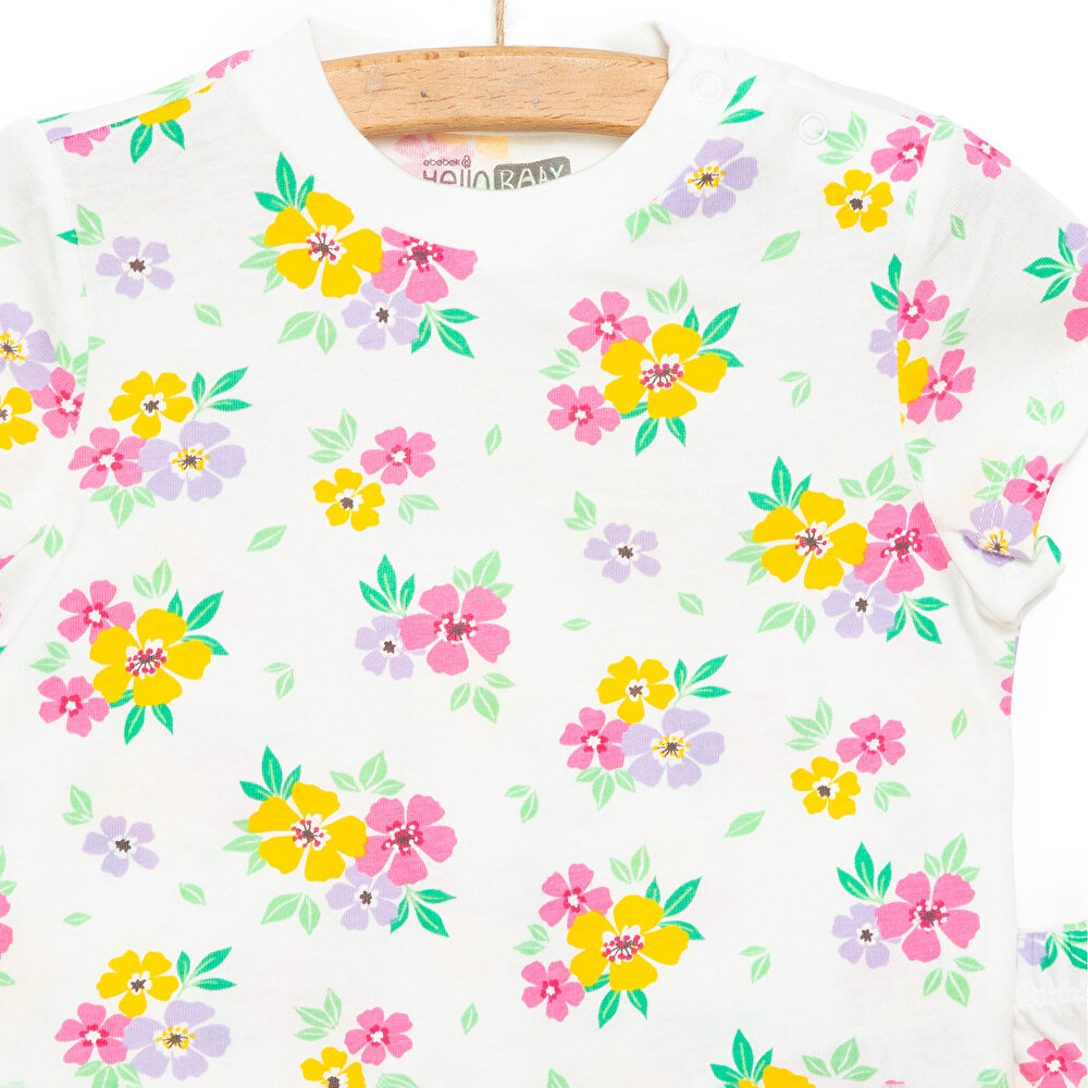 Kısa Kol Çiçek Desenli Bisiklet Yaka Pijama Takımı Kız Bebek