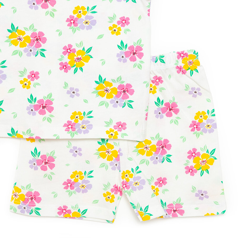 Kısa Kol Çiçek Desenli Bisiklet Yaka Pijama Takımı Kız Bebek