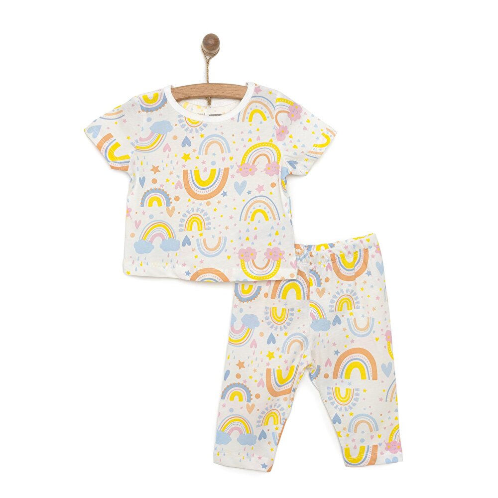 Kısa Kol Gökkuşağı Desenli Bisiklet Yaka Pijama Takımı