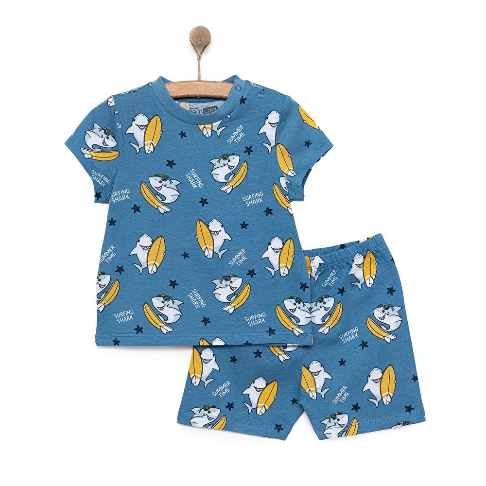 Kısa Kol Köpek Balığı Desenli Bisiklet Yaka Pijama Takımı Erkek Bebek