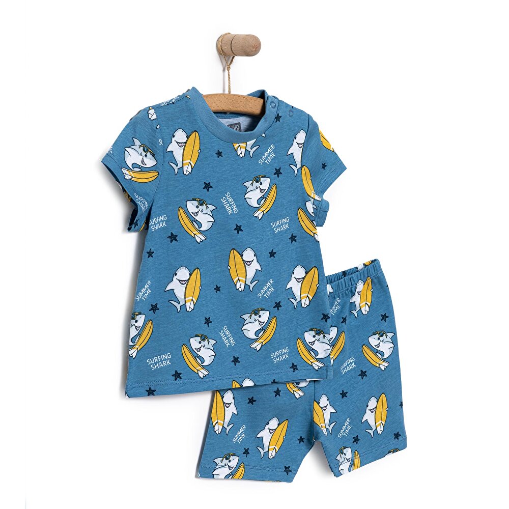 Kısa Kol Köpek Balığı Desenli Bisiklet Yaka Pijama Takımı Erkek Bebek