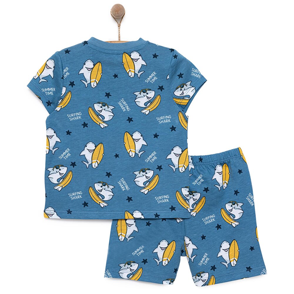 Kısa Kol Köpek Balığı Desenli Bisiklet Yaka Pijama Takımı Erkek Bebek