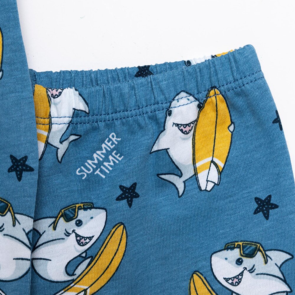 Kısa Kol Köpek Balığı Desenli Bisiklet Yaka Pijama Takımı Erkek Bebek