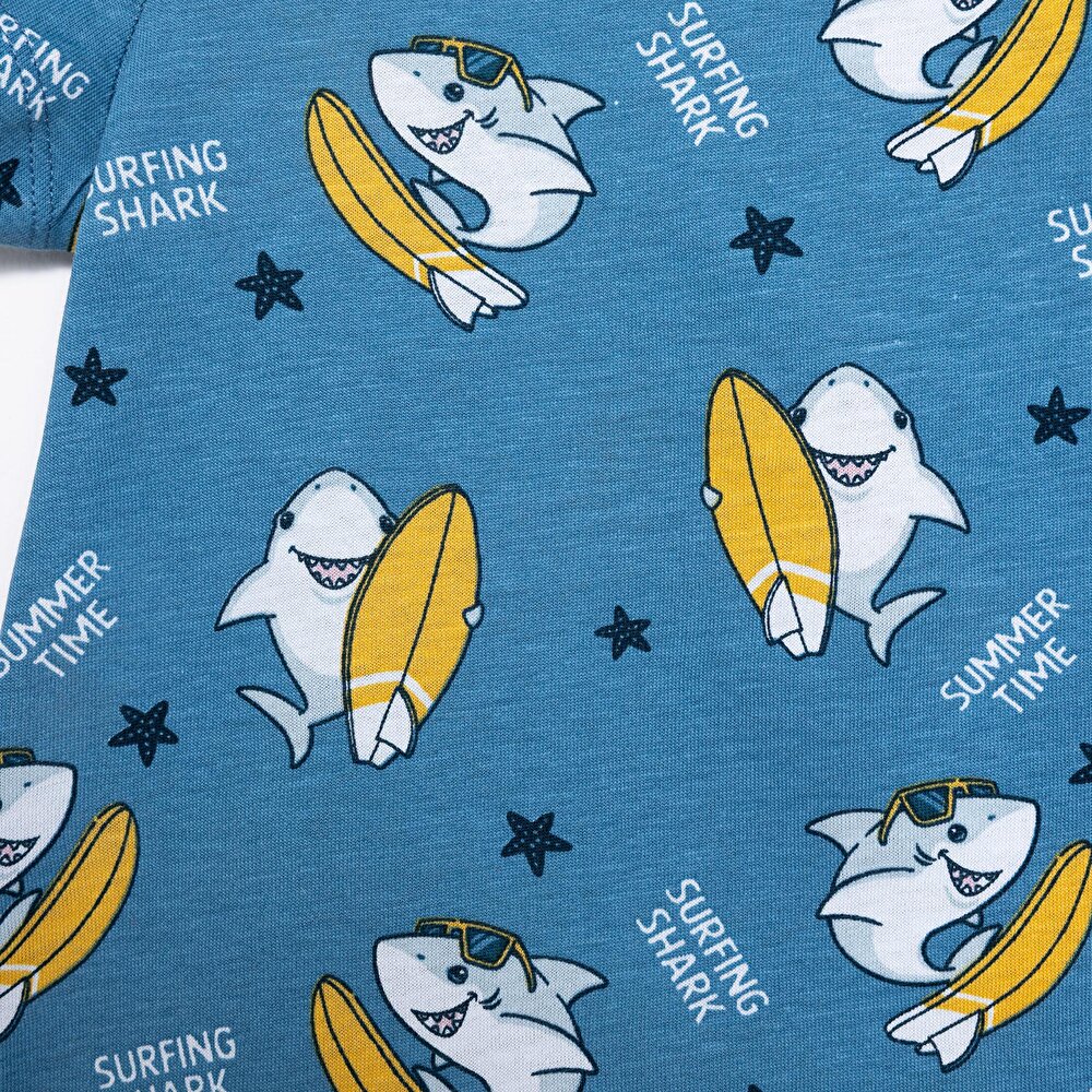 Kısa Kol Köpek Balığı Desenli Bisiklet Yaka Pijama Takımı Erkek Bebek