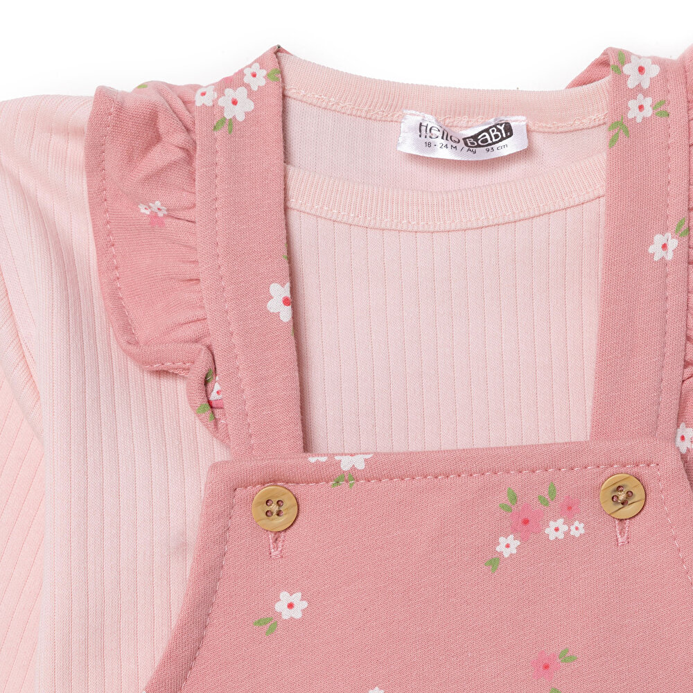 Kız Bebek Forest Flower Salopet-Tshirt Jakar Düğmeli Modelli Yaka Lastikli Paça