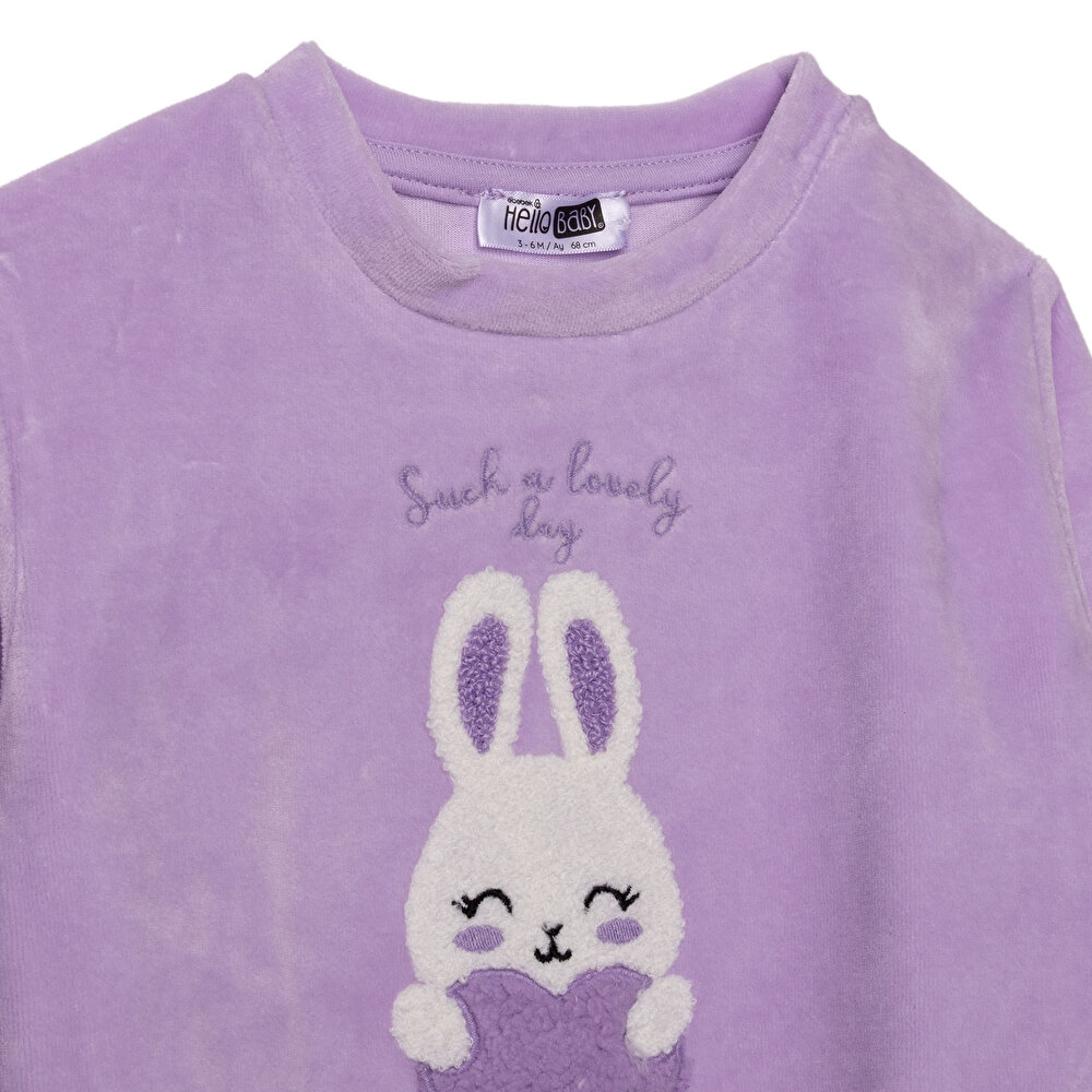 Kız Bebek Kadife Pijama Takımı Bisiklet Yaka Uzun Kol Ribanalı Paça