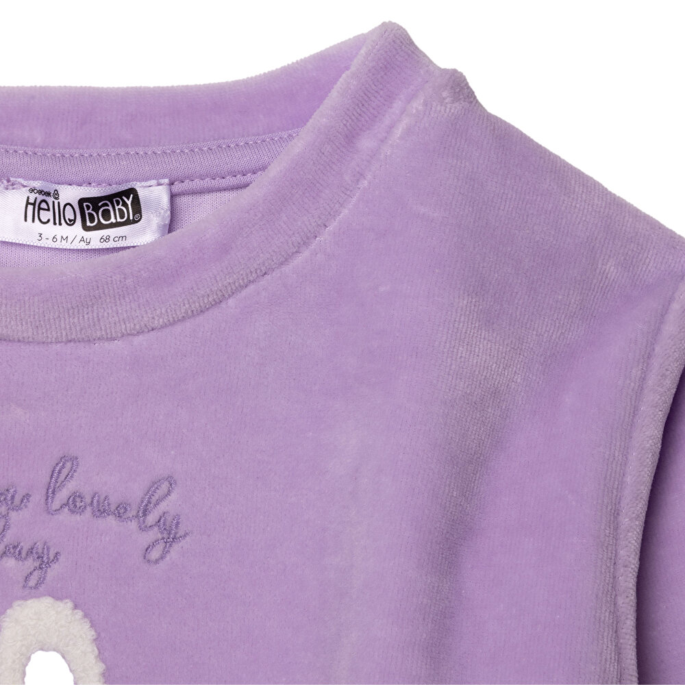 Kız Bebek Kadife Pijama Takımı Bisiklet Yaka Uzun Kol Ribanalı Paça