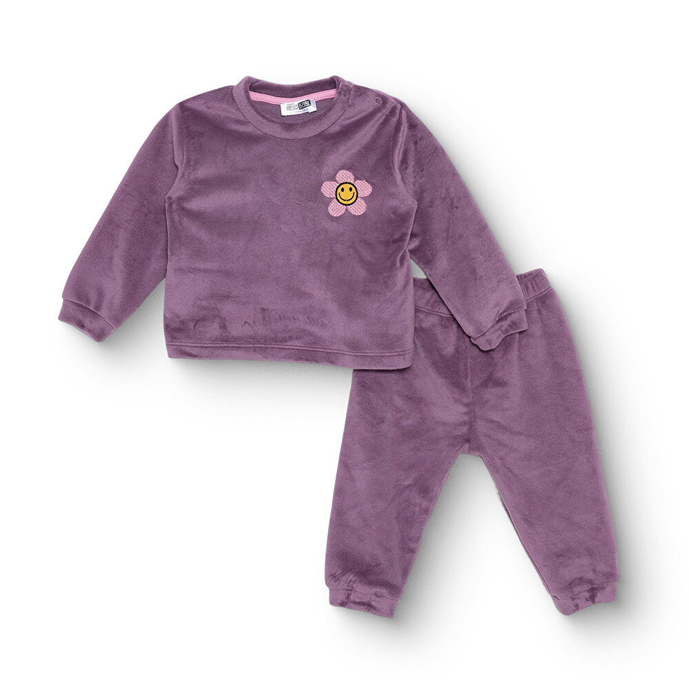 Kız Bebek Kadife Pijama Takımı Çıtçıtlı Bisiklet Yaka Uzun Kol Ribanalı Paça
