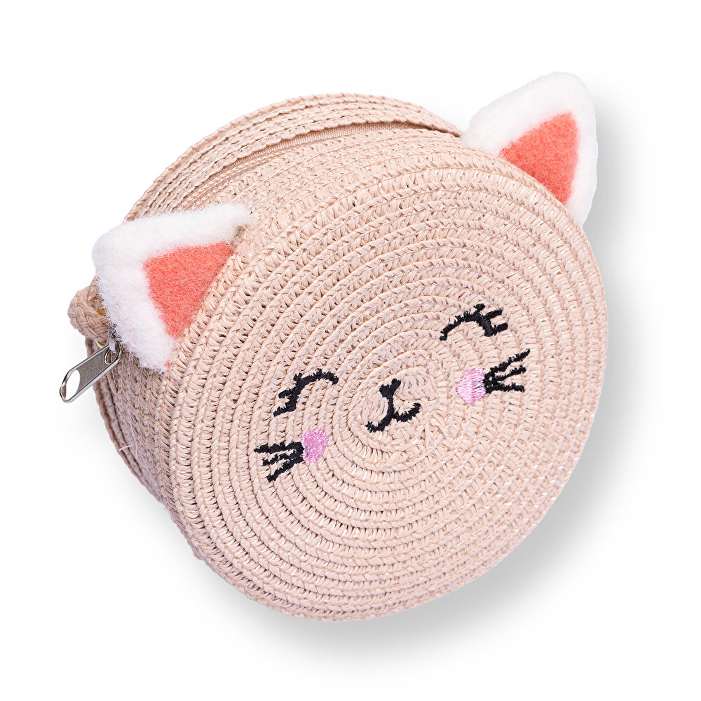 Kız Bebek Kedi Hasır Çocuk Çantası Fermuarlı